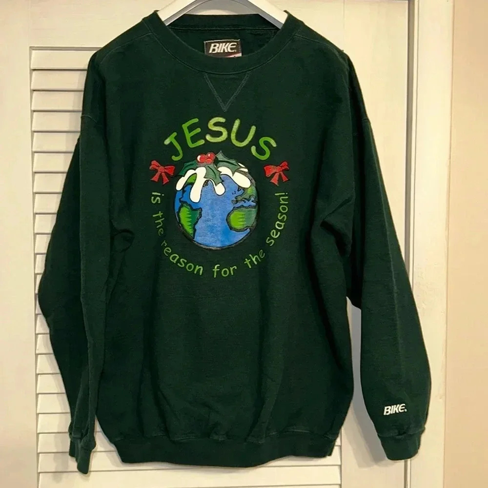 Rare Vintage BIKE brand Christmas holiday religious jesus sweater sweatshirt LG